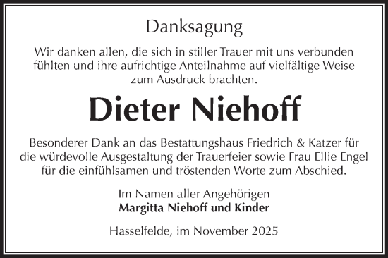 Traueranzeige von Dieter Niehoff von Volksstimme Wernigerode