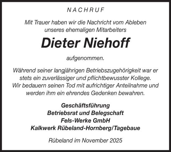 Traueranzeige von Dieter Niehoff von Volksstimme Wernigerode