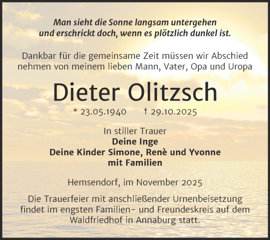 Traueranzeige von Dieter Olitzsch von Trauerkombi Wittenberg