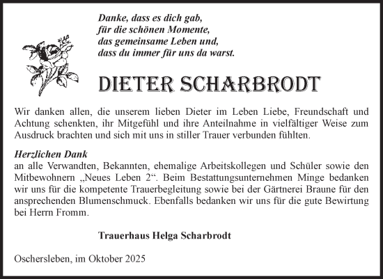 Traueranzeige von Dieter Scharbrodt von Volksstimme Oschersleben/Wanzleben