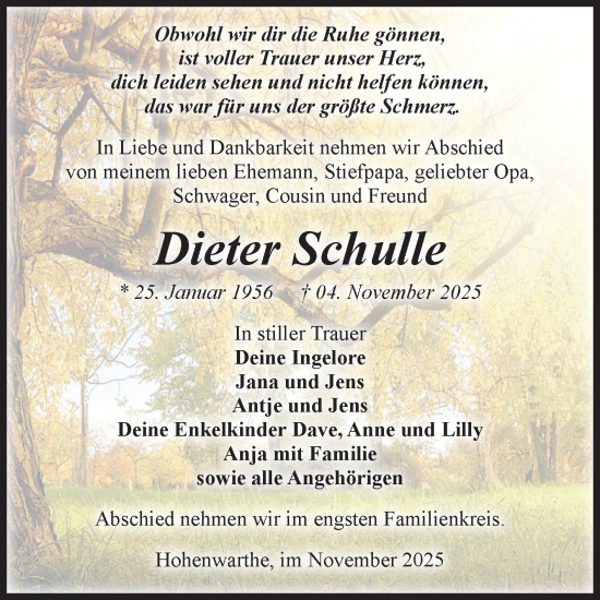 Traueranzeige von Dieter Schulle von Volksstimme Burg/Genthin