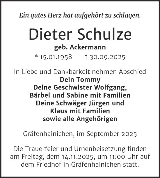 Traueranzeige von Dieter Schulze von Trauerkombi Dessau