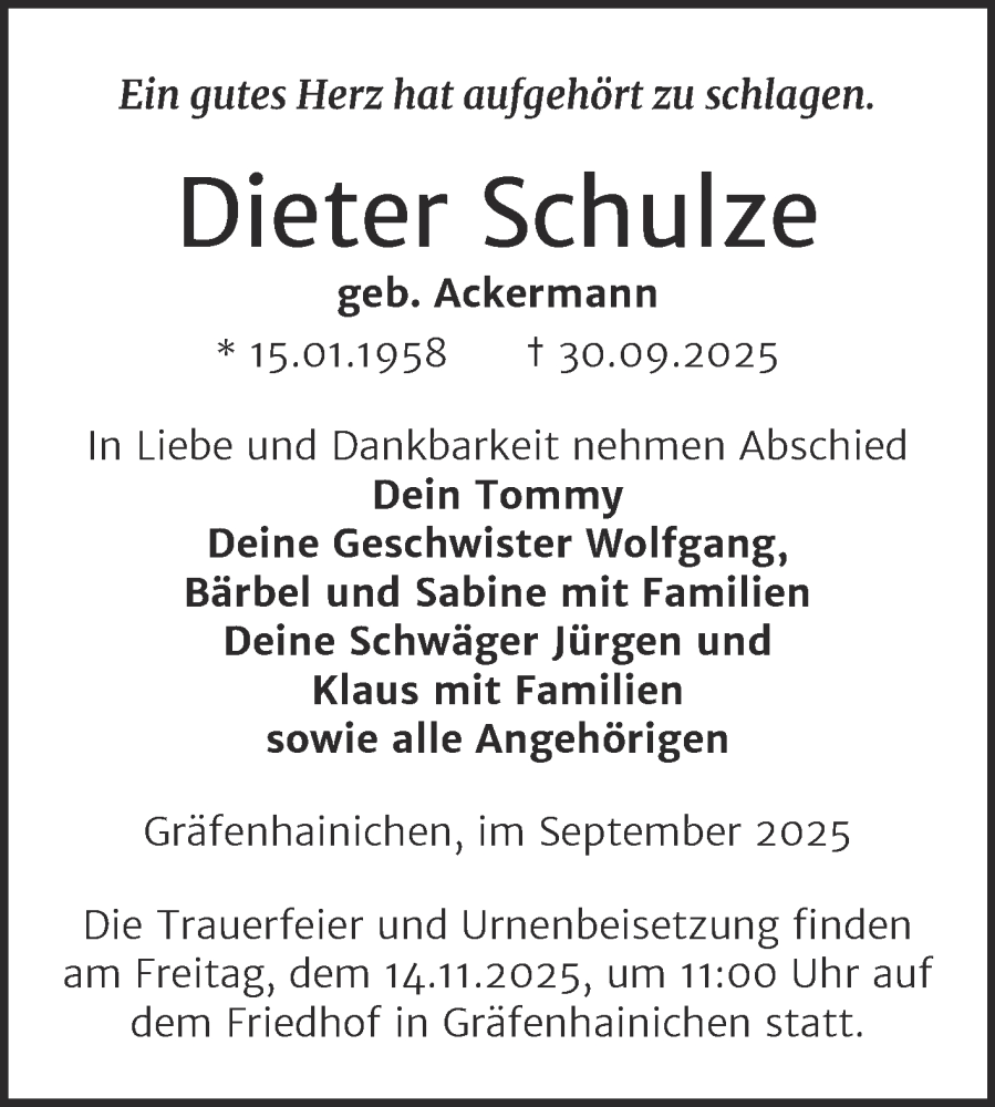  Traueranzeige für Dieter Schulze vom 01.11.2025 aus Trauerkombi Dessau