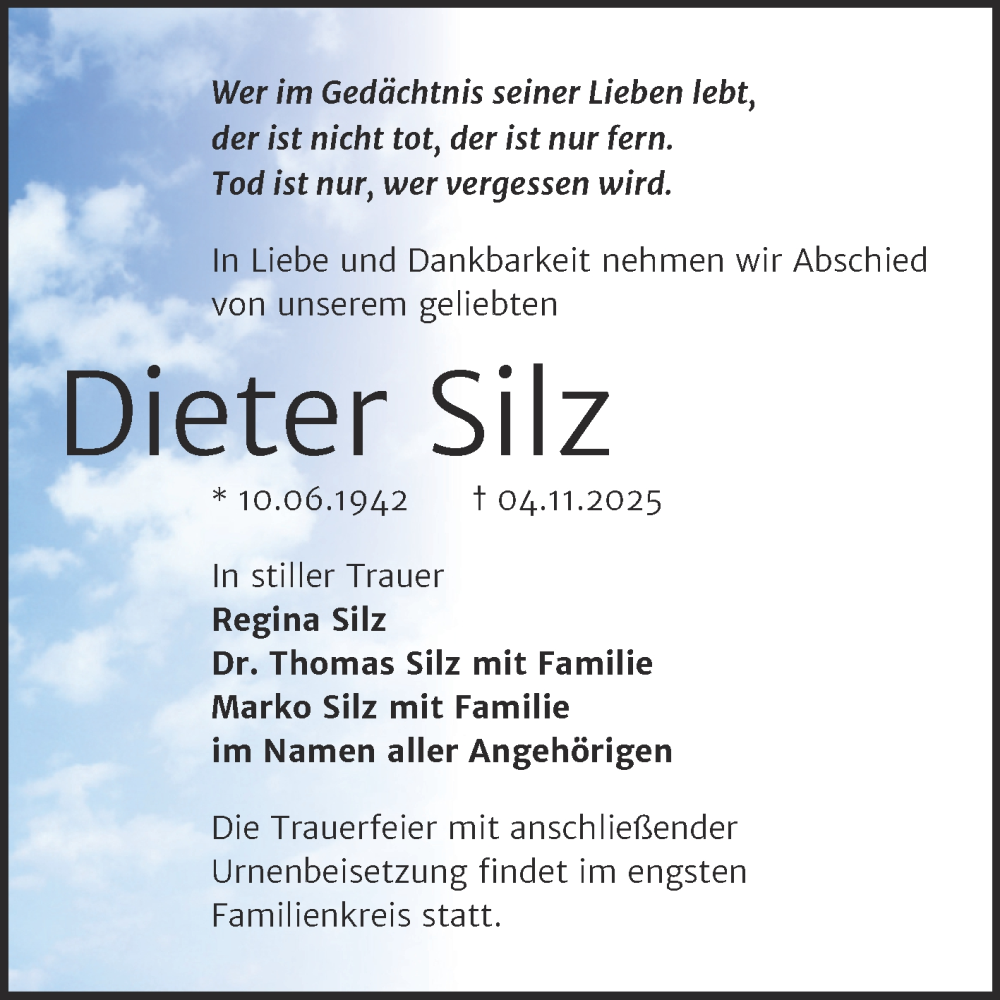  Traueranzeige für Dieter Silz vom 22.11.2025 aus Trauerkombi Sangerhausen