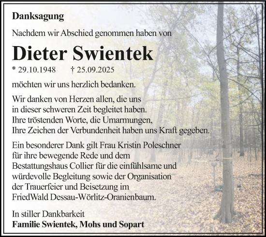 Traueranzeige von Dieter Swientek von Trauerkombi Dessau