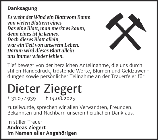 Traueranzeige von Dieter Ziegert von Trauerkombi Merseburg