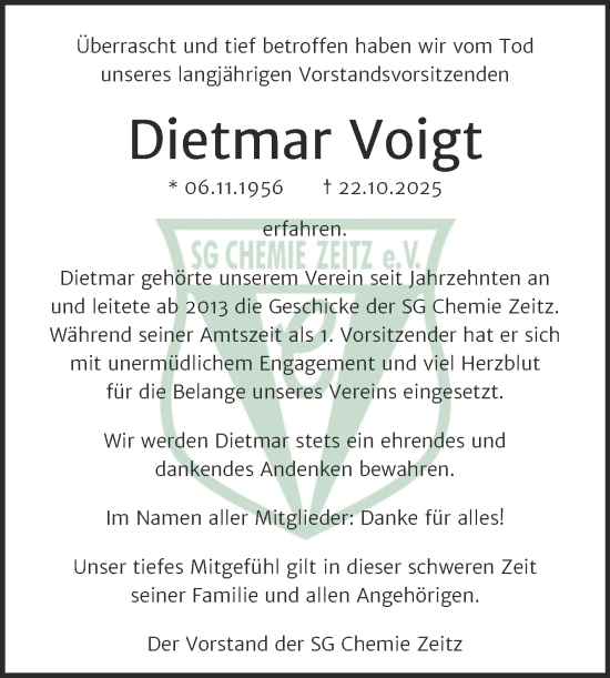 Traueranzeige von Dietmar Voigt von Trauerkombi Zeitz