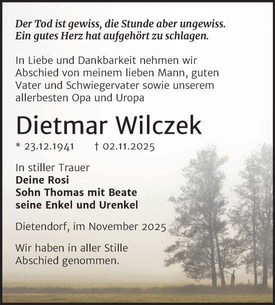 Traueranzeige von Dietmar Wilczek von Trauerkombi Zeitz