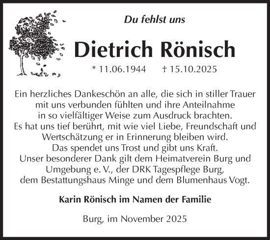 Traueranzeige von Dietrich Rönisch von Volksstimme Burg/Genthin