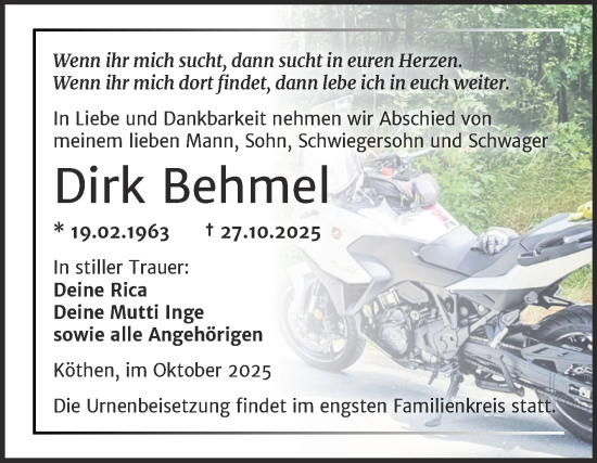Traueranzeige von Dirk Behmel von Trauerkombi Köthen