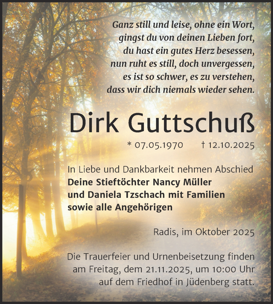  Traueranzeige für Dirk Guttschuß vom 08.11.2025 aus Trauerkombi Wittenberg