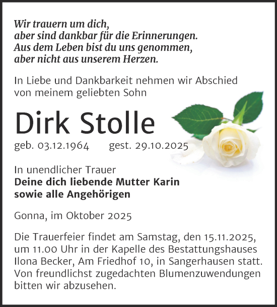 Traueranzeige von Dirk Stolle von Trauerkombi Sangerhausen
