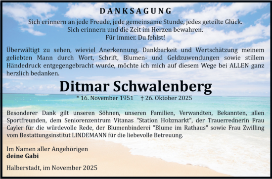 Traueranzeige von Ditmar Schwalenberg von Volksstimme Halberstadt