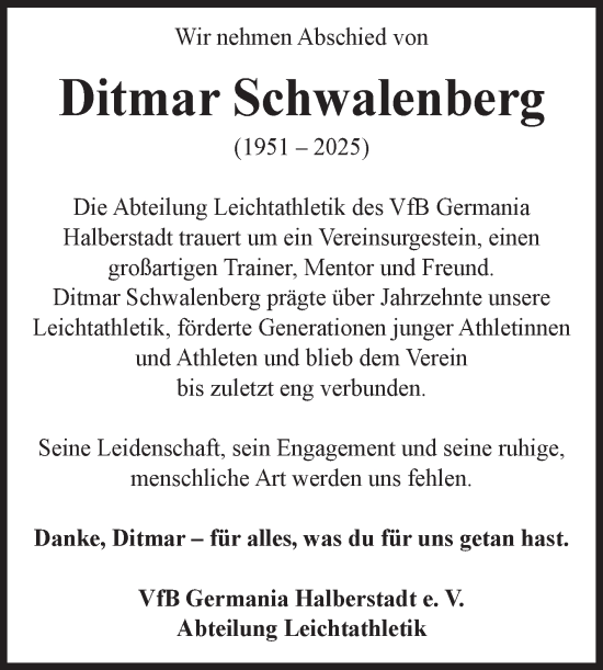 Traueranzeige von Ditmar Schwalenberg von Volksstimme Halberstadt