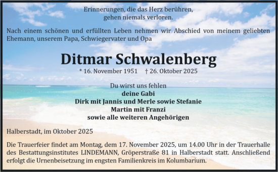 Traueranzeige von Ditmar Schwalenberg von Volksstimme Halberstadt
