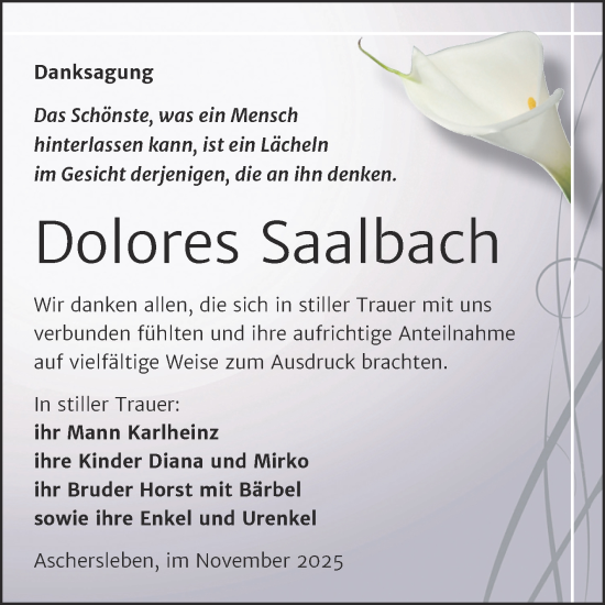Traueranzeige von Dolores Saalbach von Trauerkombi Aschersleben