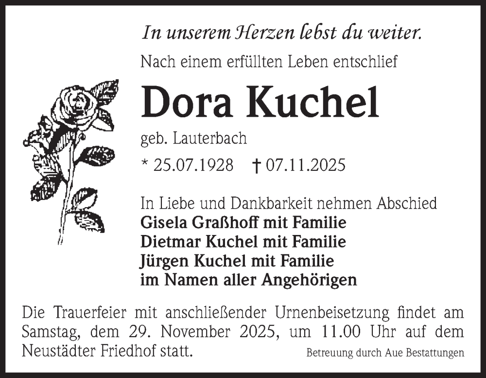  Traueranzeige für Dora Kuchel vom 15.11.2025 aus Volksstimme Burg/Genthin