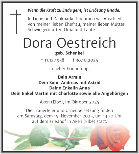 Traueranzeige von Dora Oestreich von Trauerkombi Köthen