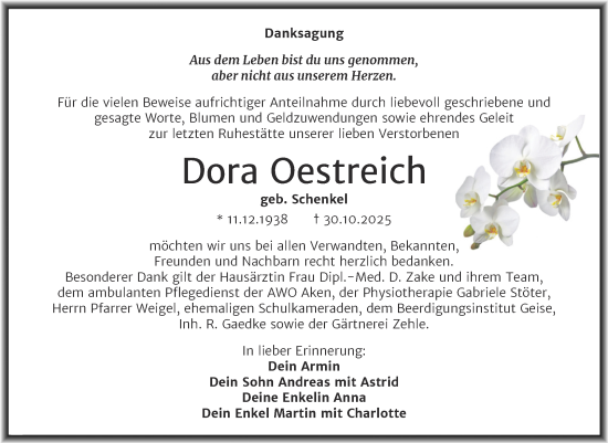 Traueranzeige von Dora Oestreich von Trauerkombi Köthen