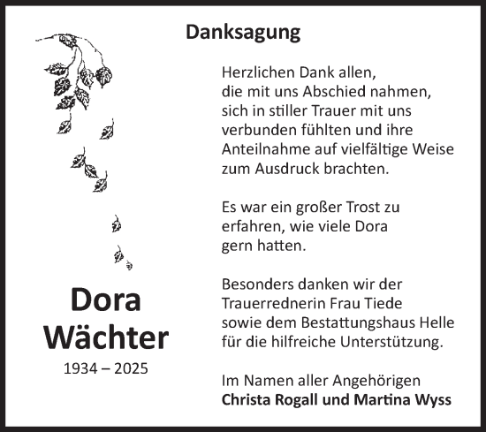 Traueranzeige von Dora Wächter von Volksstimme Altmark Ost