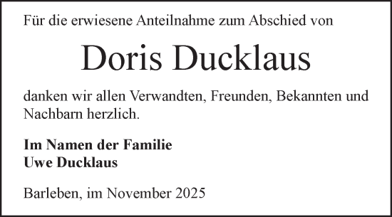Traueranzeige von Doris Ducklaus von Volksstimme Altmark Ost