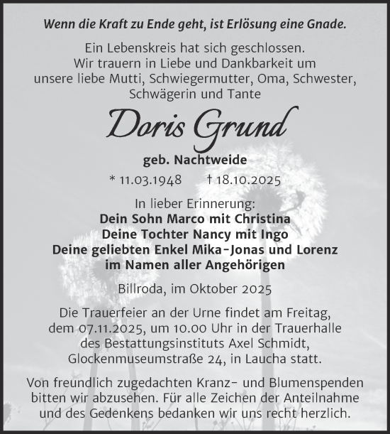 Traueranzeige von Doris Grund von Super Sonntag Naumburg/Nebra