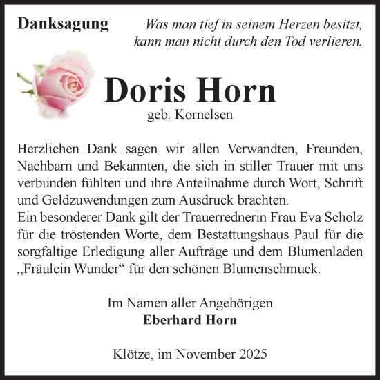Traueranzeige von Doris Horn von Volksstimme Altmark West