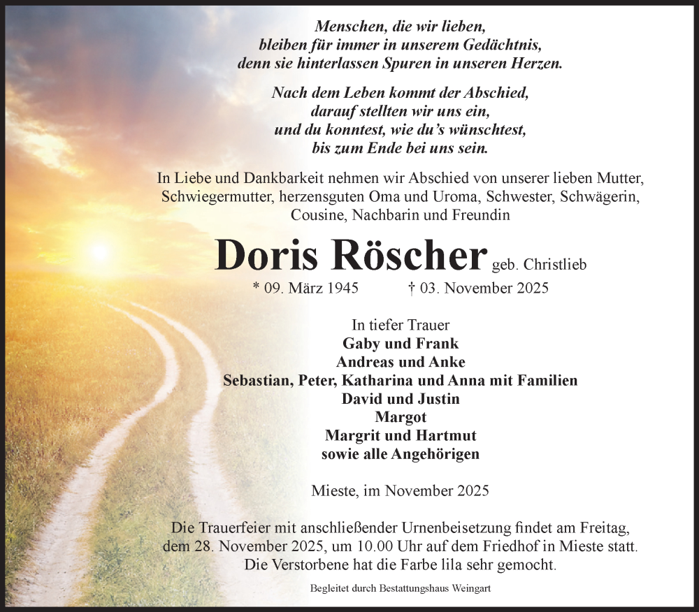  Traueranzeige für Doris Röscher vom 08.11.2025 aus Volksstimme Altmark West