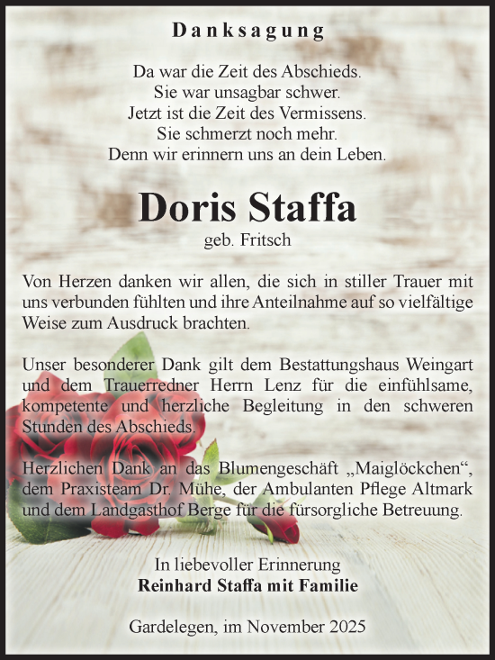Traueranzeige von Doris Staffa von Volksstimme Altmark West