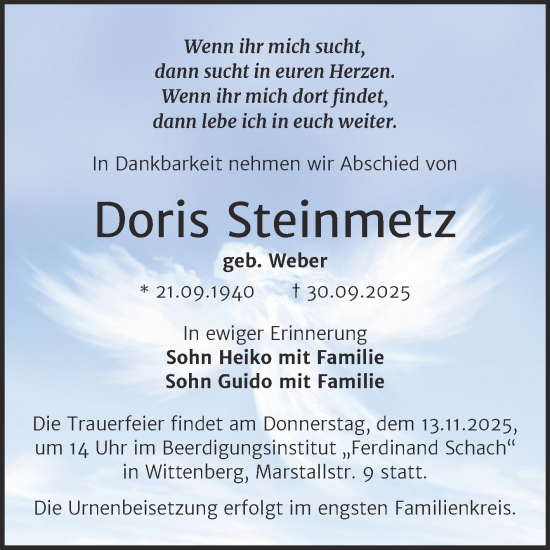 Traueranzeige von Doris Steinmetz von Trauerkombi Wittenberg