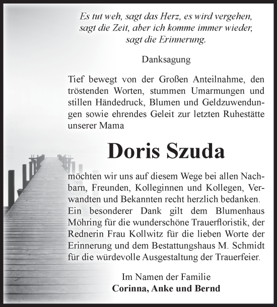 Traueranzeige von Doris Szuda von Volksstimme Burg/Genthin