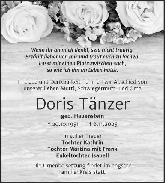 Traueranzeige von Doris Tänzer von Trauerkombi Köthen