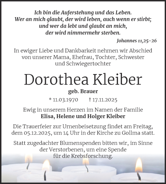 Traueranzeige von Dorothea Kleiber von Mitteldeutsche Zeitung Halle/Saalkreis