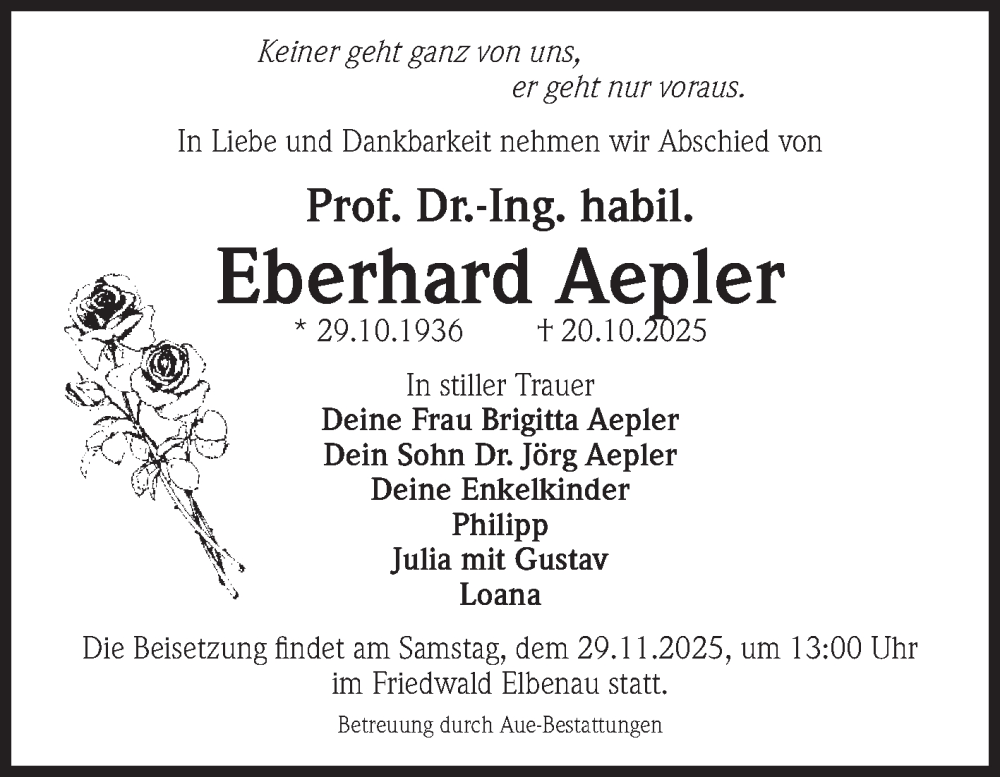  Traueranzeige für Eberhard Aepler vom 22.11.2025 aus Volksstimme Magdeburg