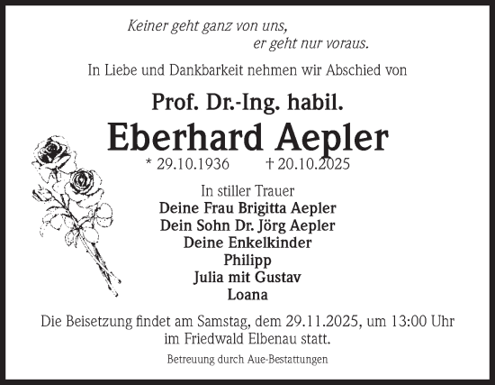 Traueranzeige von Eberhard Aepler von Volksstimme Magdeburg