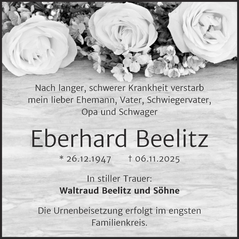  Traueranzeige für Eberhard Beelitz vom 14.11.2025 aus Trauerkombi Aschersleben