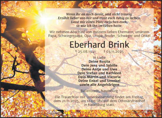 Traueranzeige von Eberhard Brink von Trauerkombi Quedlinburg