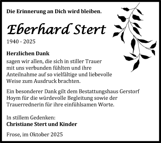 Traueranzeige von Eberhard Stert von Trauerkombi Aschersleben
