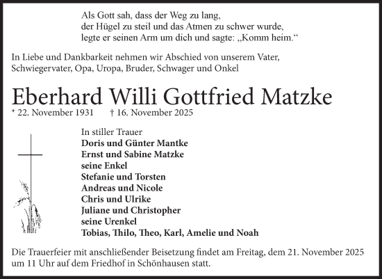 Traueranzeige von Eberhard Willi Gottfried Matzke von Volksstimme Altmark Ost