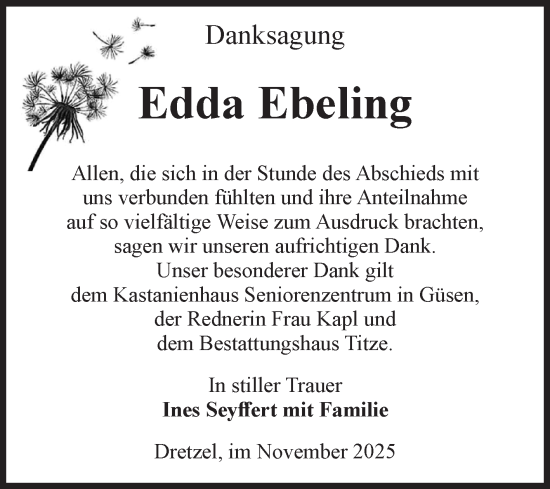 Traueranzeige von Edda Ebeling von Volksstimme Burg/Genthin