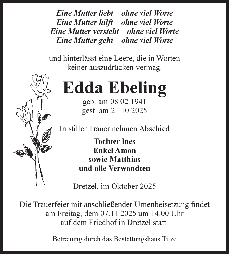  Traueranzeige für Edda Ebeling vom 01.11.2025 aus Volksstimme Burg/Genthin