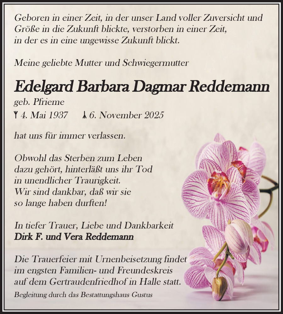  Traueranzeige für Edelgard Barbara Dagmar Reddemann vom 22.11.2025 aus Volksstimme Halberstadt