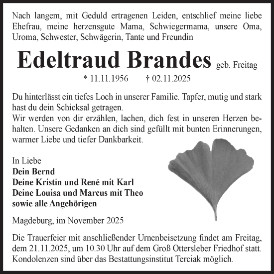 Traueranzeige von Edeltraud Brandes von Volksstimme Magdeburg
