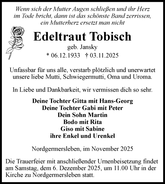 Traueranzeige von Edeltraut Tobisch von Volksstimme Oschersleben/Wanzleben