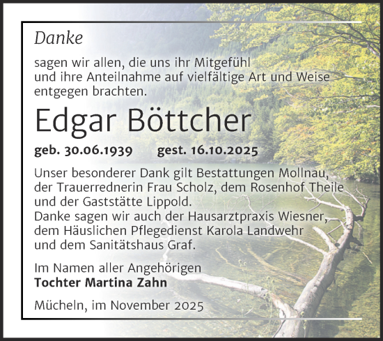 Traueranzeige von Edgar Böttcher von Trauerkombi Merseburg