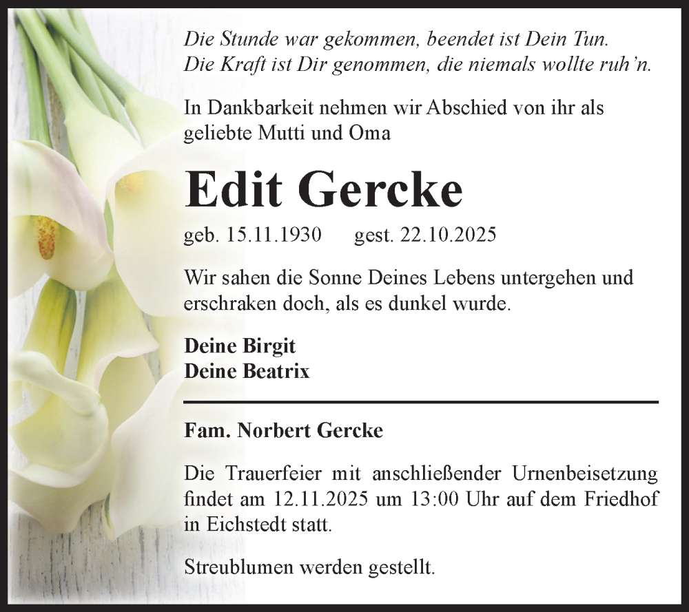  Traueranzeige für Edit Gercke vom 08.11.2025 aus Volksstimme Altmark Ost