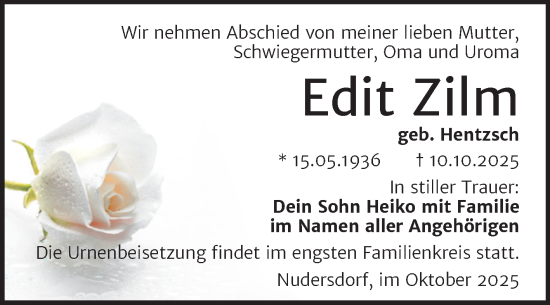 Traueranzeige von Edit Zilm von Trauerkombi Wittenberg