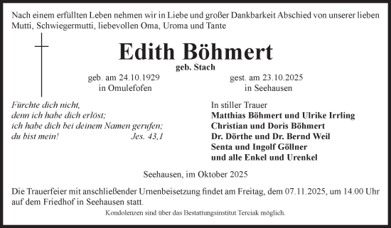 Traueranzeige von Edith Böhmert von Volksstimme Oschersleben/Wanzleben