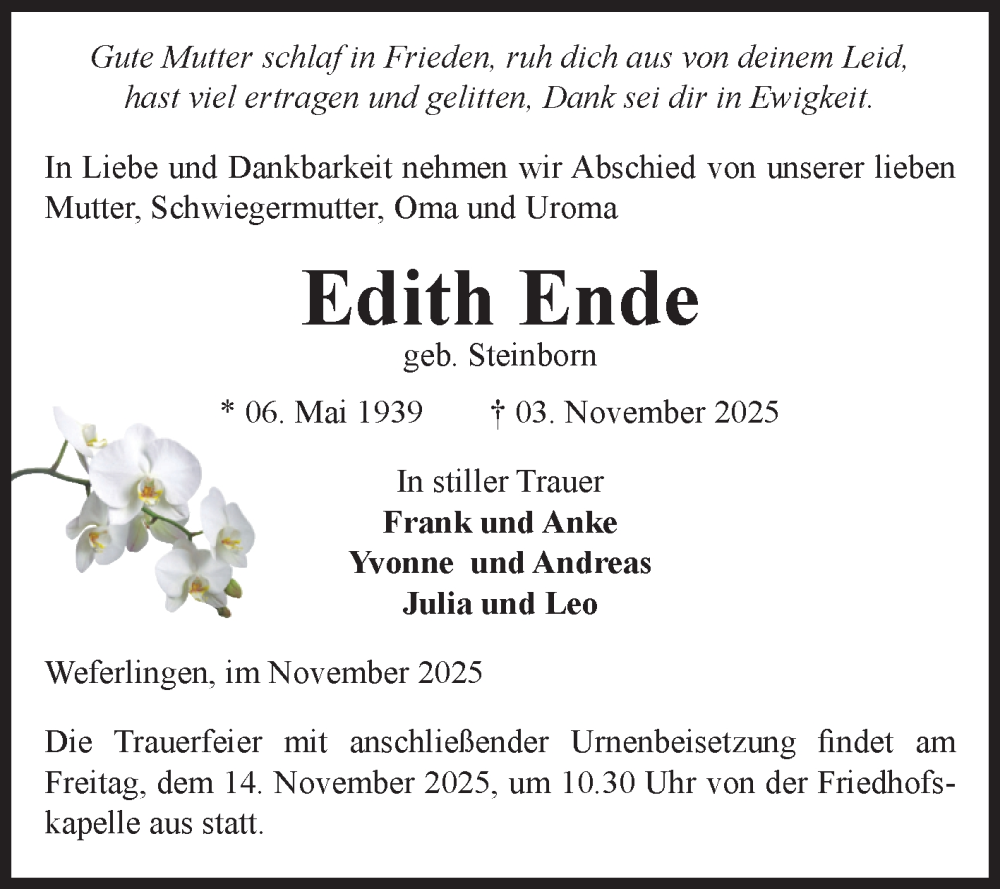  Traueranzeige für Edith Ende vom 08.11.2025 aus Volksstimme Haldensleben/Wolmirstedt