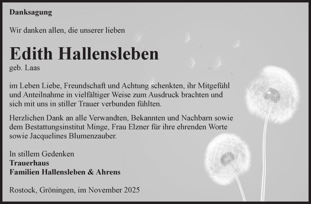  Traueranzeige für Edith Hallensleben vom 15.11.2025 aus Volksstimme Oschersleben/Wanzleben